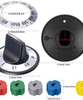 Universal Stove Knob Replacements for Oven and Range Burners Kit KN002 showing black and colored knobs with size details