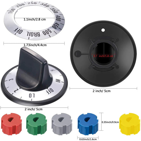 Universal Stove Knob Replacements for Oven and Range Burners Kit KN002 showing black and colored knobs with size details