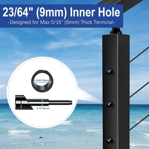 23/64 inch inner hole detail on 20 Pack Black PVD Beveled Angle Washers for stair ends and cable railing kit, marine grade T316 hardware