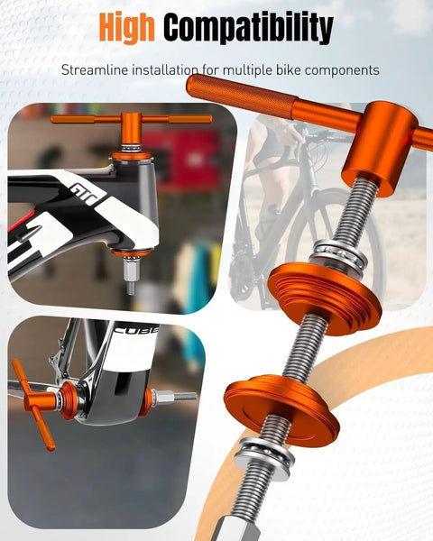Beefy Pro Grade Bike Headset Press Tool For One And One Eighth Inch Systems shown installing bike headset cups