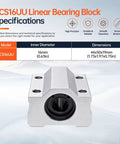 SCS16UU Linear Bearing Block specifications for 16mm shafts, measuring 44x50x19mm, designed for smooth operation.