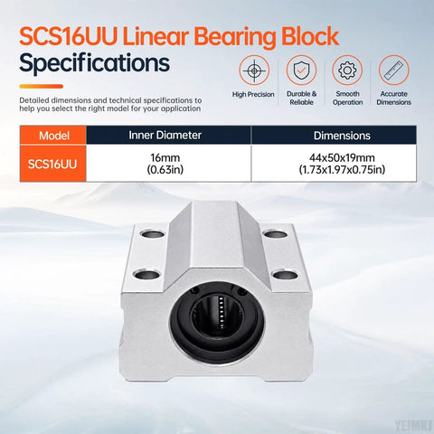 SCS16UU Linear Bearing Block specifications for 16mm shafts, measuring 44x50x19mm, designed for smooth operation.