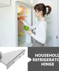 Woman using fridge with Refrigerator Door Hinge Set 2 Pack Metal With Noise Reducing Caps For Quiet Smooth Opening inset shown.