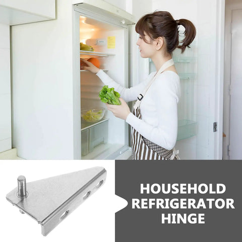 Woman using fridge with Refrigerator Door Hinge Set 2 Pack Metal With Noise Reducing Caps For Quiet Smooth Opening inset shown.