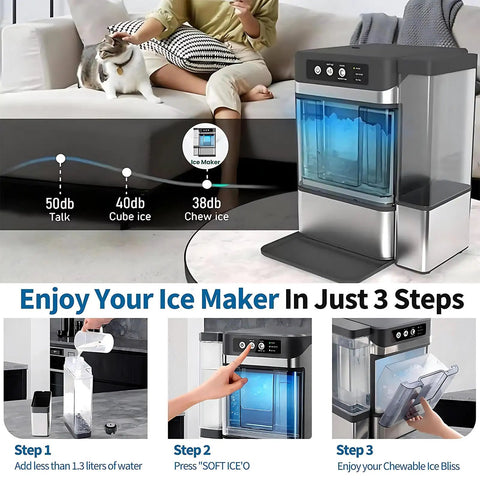 Heavy Duty Countertop Nugget Ice Maker Spits Out Chewable Ice Fast With Built In Water Tank And Hassle Free Self Clean Feature in home setting.