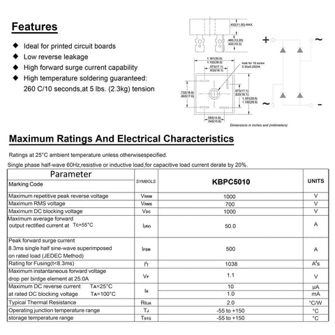 Pack Of 10 KBPC5010 Bridge Rectifier 50A 1000V Full Wave Diode Bridge For Power Supplies And DC Power Systems Metal Case Industrial Grade High Current Durable Packaging Beefy For Inverters And Electronics. datasheet with dimensions and ratings table