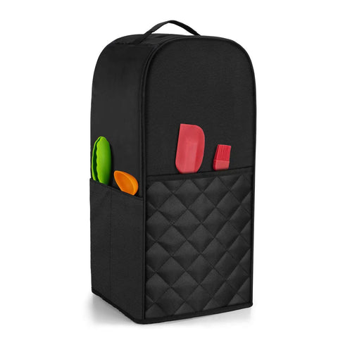 Black quilted Vitamix 64 Oz Low Profile Blender Cover With Soft Quilted Nylon Interior, showing side pockets with tools.