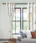 Beige and gold floral blackout curtains in a bedroom, 84 inch length, 2 panels with tiebacks, silver grommets on window drapery
