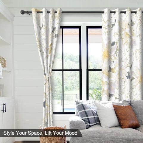 Beige and gold floral blackout curtains in a bedroom, 84 inch length, 2 panels with tiebacks, silver grommets on window drapery