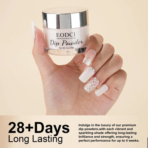 Milk White Nail Dip Powder in a 1 oz jar held in hand, showcasing long lasting manicure finish without UV light.