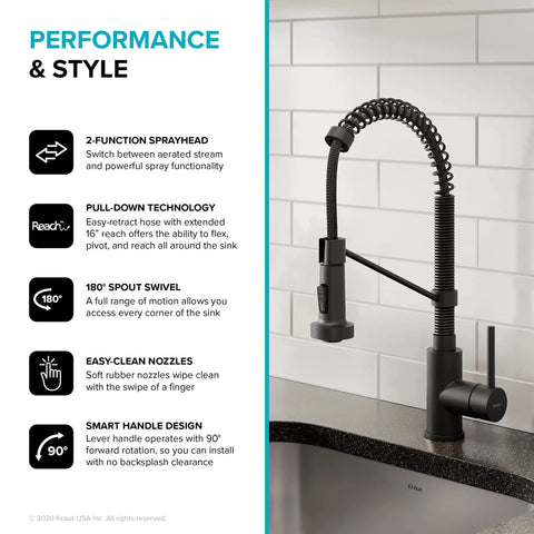 Bolden Commercial Style Two Function Pull Down Kitchen Faucet With Single Handle In Matte Black High Arc Open Coil Sprout Model KPF-1610MB