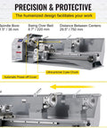 Garage Ready Mini Metal Lathe With One Point One Kw Motor And Butter Smooth Infinite Speed Dials Featuring Sharp LED Readout details spindle bore and swing over bed.