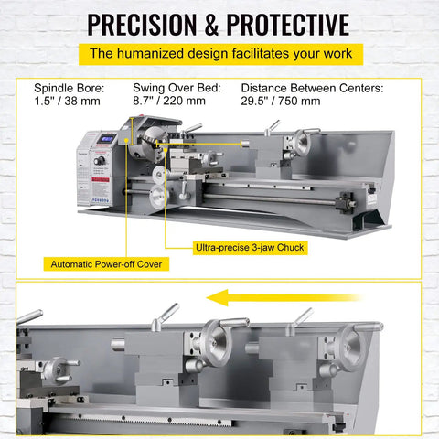 Garage Ready Mini Metal Lathe With One Point One Kw Motor And Butter Smooth Infinite Speed Dials Featuring Sharp LED Readout details spindle bore and swing over bed.