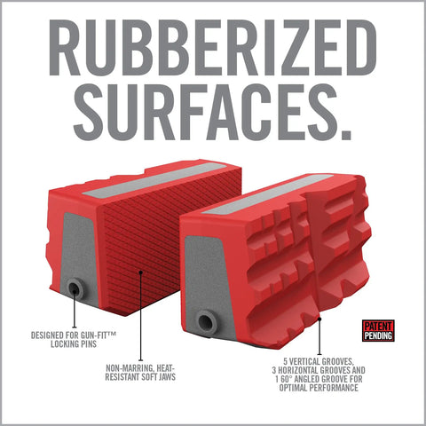 Heavy Duty Smart Jaws Bench Vise Sleeves Lock Down Firearms And Optics With Nine Precision Grooves, featuring rubberized surfaces.