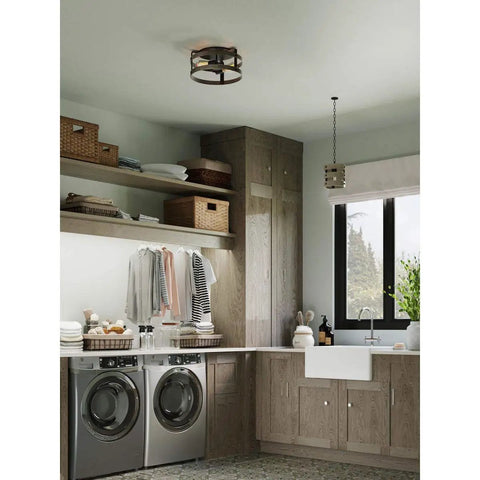 Coastal Farmhouse 1 Light Pendant in Graphite Finish with Open Cage Frame hanging in modern rustic kitchen, view from side.