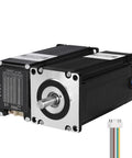 Front view: YEJMKJ NEMA 23 closed-loop stepper motor with integrated driver; black housing, silver faceplate, front shaft.
