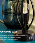 Close-up of Set Of 2 Modern Farmhouse Table Lamps With USB Ports And Night Light, featuring an open frame base and USB charging ports.