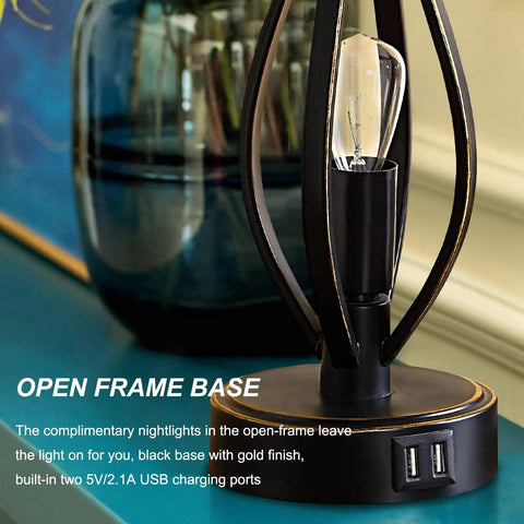Close-up of Set Of 2 Modern Farmhouse Table Lamps With USB Ports And Night Light, featuring an open frame base and USB charging ports.