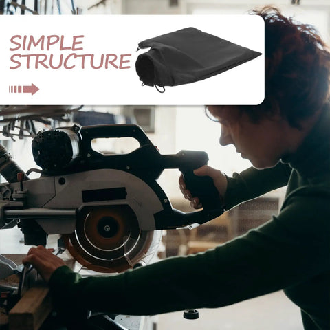 Heavy Duty Cloth Miter Saw Dust Collection Bag With A Secure Zipper Closure Black Replacement fitted to a miter saw for efficient sawdust trapping.
