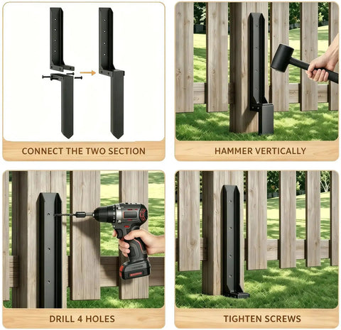 Heavy Duty Steel Fence Post Repair Kit 4 Pack Quick Fix For Leaning 4X4 And 6X6 Wood Posts Outdoor Yard Anchor Stakes Solid As A Rock Backyard Saver In A Jam installation steps with hammer and drill