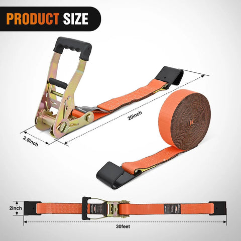 Built Tough 2 Inch By 30 Foot Flat Hook Ratchet Straps 10 Pack Orange Heavy Duty Cargo Tie Downs 10000 Lb Break Strength dimensions and design
