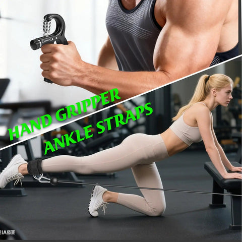 Gym use of hand gripper and ankle straps with Lat Pulldown Attachments Set For Home Gym With Curl Pulldown Bar, Tricep Rope