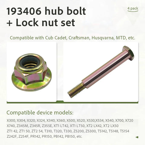Heavy Duty Wheel Bolts And Lock Nuts Kit Fits Cub Cadet Craftsman Husqvarna Lawn Tractors Replacement Four Pack With Three Eighths Inch Threads And Two And Five Eighths Inch Shoulder For Durable Performance, showing hub bolt and lock nut.