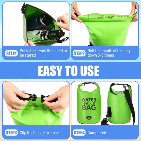 Instructions on using Ten Pack Waterproof Dry Bags 5L Ultralight Roll Top Storage Sacks with adjustable straps for outdoor activities.