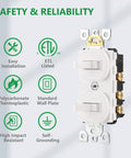 Two Pack Double Toggle Light Switch 15 Amp 120 Volt, Two In One Combination Switch, ETL Listed, product features labeled