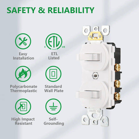 Two Pack Double Toggle Light Switch 15 Amp 120 Volt, Two In One Combination Switch, ETL Listed, product features labeled