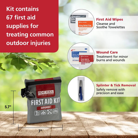 Front view of Pac-Kit Watertight Explorer 1 first aid kit; gray waterproof pouch with red label, 5.7 by 7 inches.