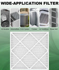 20x20x1 MERV 8 Pleated HVAC Filter for Furnace and AC Units, shown with various applications on a green background