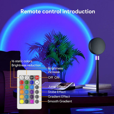 Sunset Lamp With Remote And 360 Degree Rotation, RGB Multicolor Projection Night Light with remote control features shown