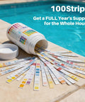 16 In 1 Pool And Spa Water Test Strips 100 Count in white bottle beside a pool with test strips fanned out.