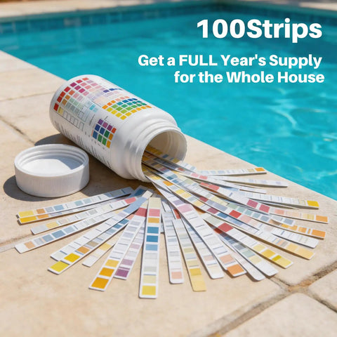 16 In 1 Pool And Spa Water Test Strips 100 Count in white bottle beside a pool with test strips fanned out.