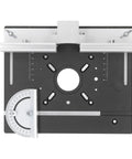 Hardcore Aluminum Router Lift Rig With Stainless Steel Plate For Pro Woodworking Bench Mounts Featuring Smooth Lift Knobs And Crisp Scale Markings Built Like A Tank For Serious Shop Projects Black Finish, top view with measuring scale.