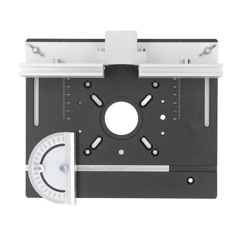 Hardcore Aluminum Router Lift Rig With Stainless Steel Plate For Pro Woodworking Bench Mounts Featuring Smooth Lift Knobs And Crisp Scale Markings Built Like A Tank For Serious Shop Projects Black Finish, top view with measuring scale.