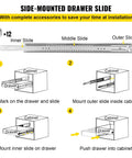 Installation instructions for heavy duty 30 inch drawer slides with locking mechanism, side mount ball bearing, full extension
