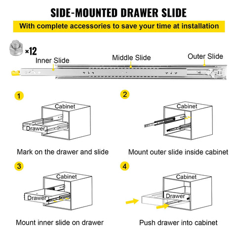 Installation instructions for heavy duty 30 inch drawer slides with locking mechanism, side mount ball bearing, full extension