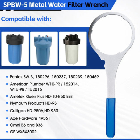 Heavy Duty Metal Water Filter Wrench And 3 Pack 151122 Buna-N O-Rings Go-To Replacement Kit For Pentek And Culligan Housings With 7 Gauge Steel Wrench And 5.93 Inch ID product image showcasing compatible filter housings.