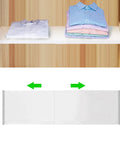 Adjustable Heavy Duty Metal Tension Closet Shelf Organizer Expandable Locker Shelf for cabinets with folded shirt display.