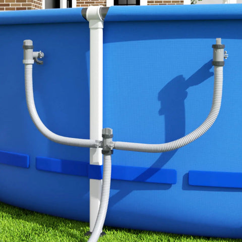 Pool Plunger Valve With Shut Off On For Above Ground Pools Hose Adapter Replacement Fits One And One Half Inch pool hoses on blue above-ground pool wall