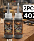 4 Oz Graphite Powder Lubricant For Locks And Hinges, 3000 Mesh High Pure Graphite, Two-pack, 4.9 inch bottles on workbench