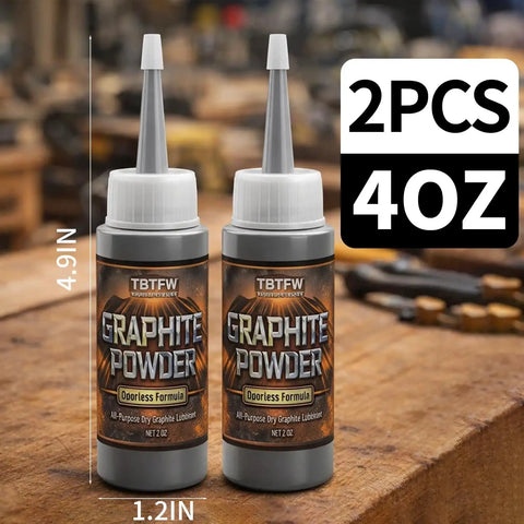 4 Oz Graphite Powder Lubricant For Locks And Hinges, 3000 Mesh High Pure Graphite, Two-pack, 4.9 inch bottles on workbench