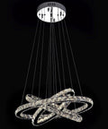 Lit Three Ring LED Crystal Chandelier With Stainless Steel Frame, showing dimmable brightness and sparkling crystal orbs.