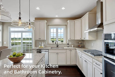DecoBasics full-overlay soft-close cabinet hinges (2 pcs) for kitchen cabinets in a white, granite-counter kitchen