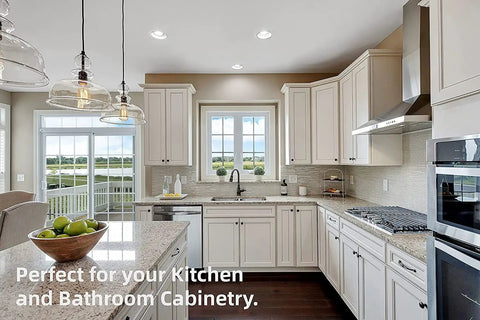 Modern kitchen featuring soft close cabinet hinges set for kitchen cabinets, full overlay, face frame concealed doors.