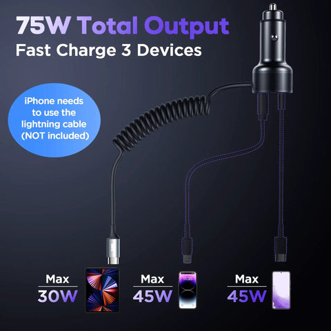 Beast Mode Usb C Car Charger 75W Heavy Duty Slick Metal Housing showing 3 charging outputs and a coiled cord.