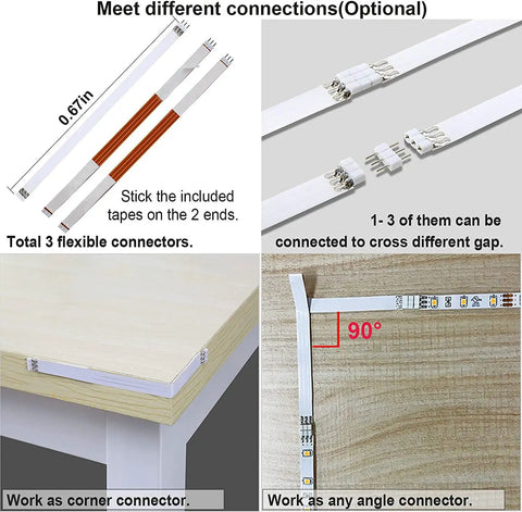 Flexible connectors for Under Cabinet Lighting Kit Flexible LED Strip Light 6.6 Feet For Kitchen Cabinets Desks Shelves And More