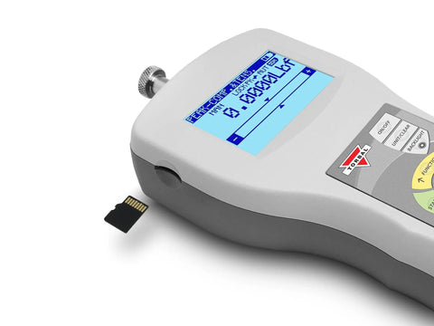 Pro Grade Digital Force Gauge With 2 Lb Capacity And 0.0005 Lb Resolution For Tension Or Compression, Built In MicroSD Card, USB And RS232 Interfaces, Peak And Multi Peak Detection, Backlit LCD With Auto Rotate Display; force gauge with microSD
